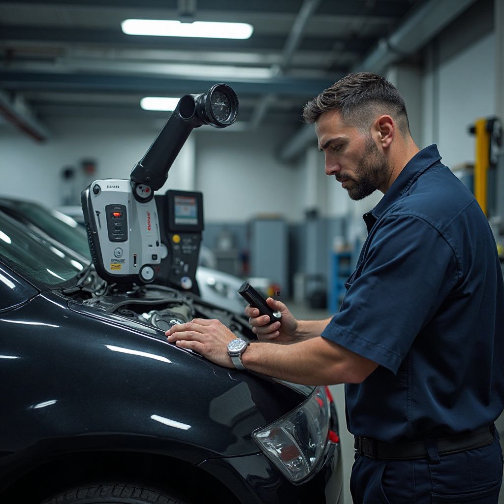 Técnico realizando inspección exhaustiva a un vehículo